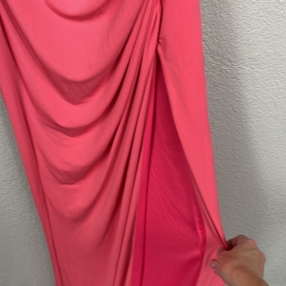 New Katie May Winnipeg One Shoulder Ruched Knit Gown Slit Coral Pink Sz M - Picture 4 of 12